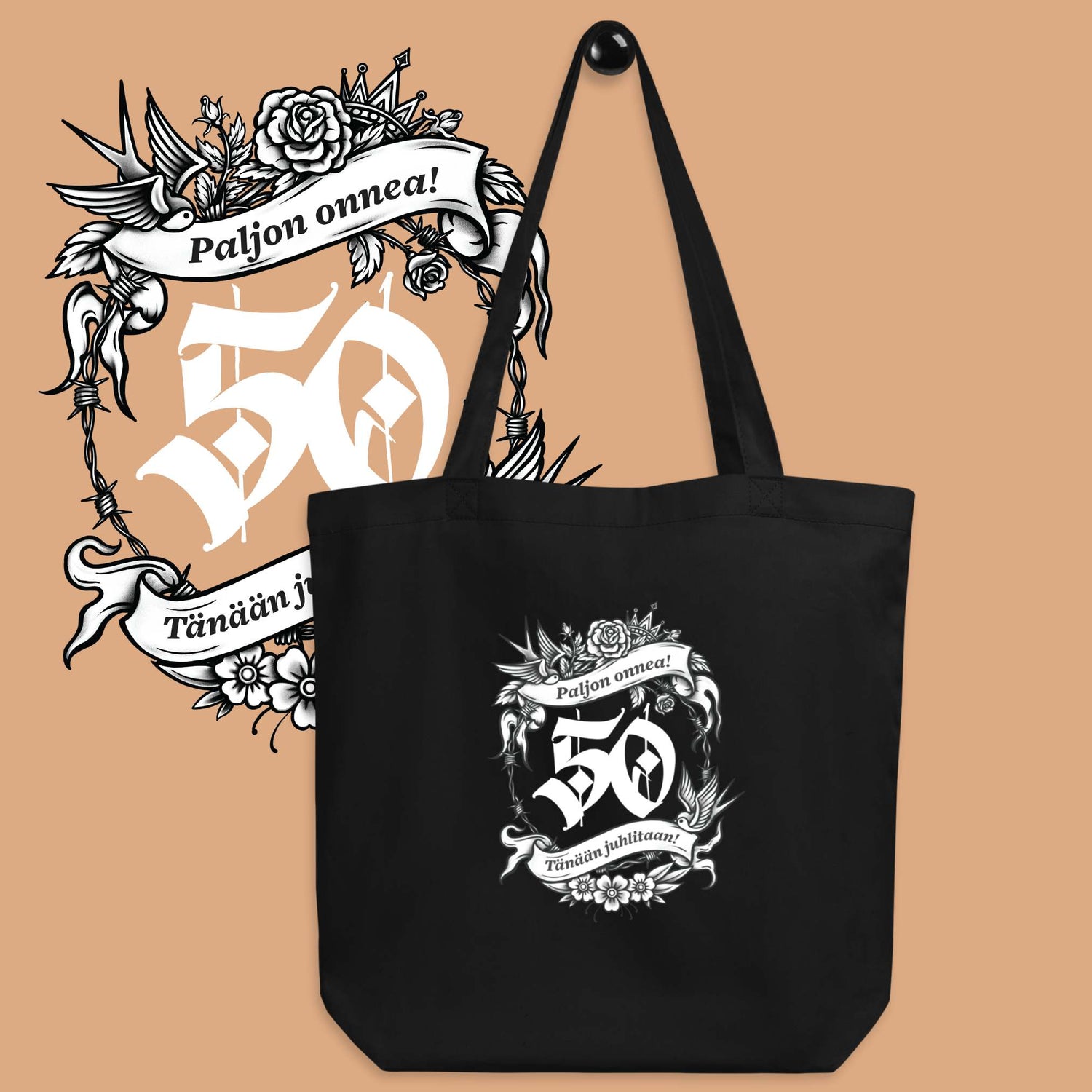 Tyylikäs musta lahjakassi syntymäpäivälahjaksi 50-vuotiaalle