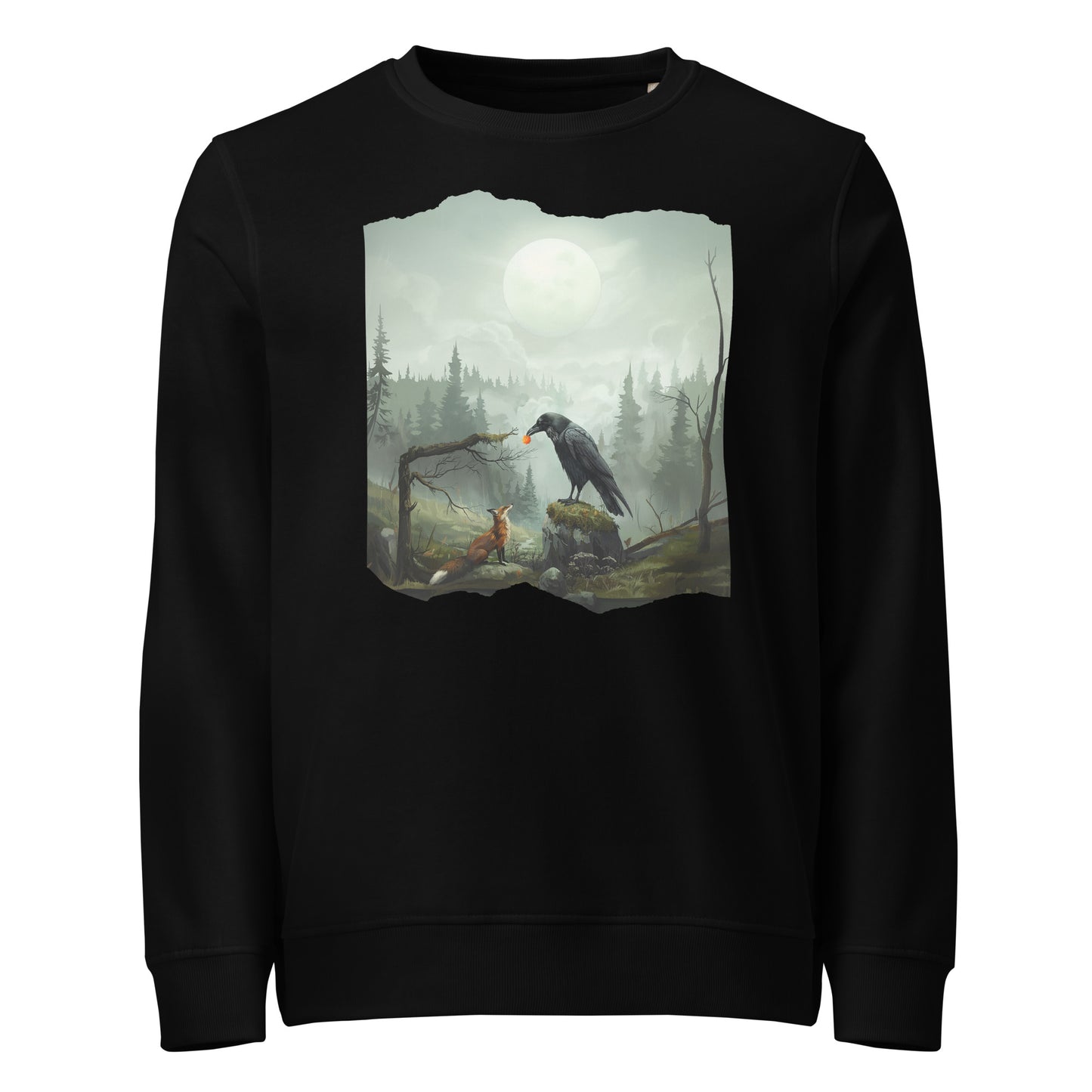 Laadukas musta unisex-collegepaita luontoaiheisella painatuksella